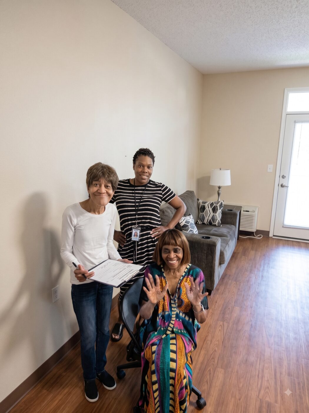 Golden Cross staff welcoming a resident into her new apartment during move-in